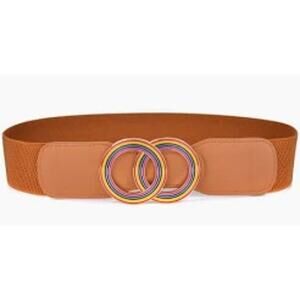 Beltox Women’s Elastic Waist Belt w Double Rainbow Ring Brown 27-35